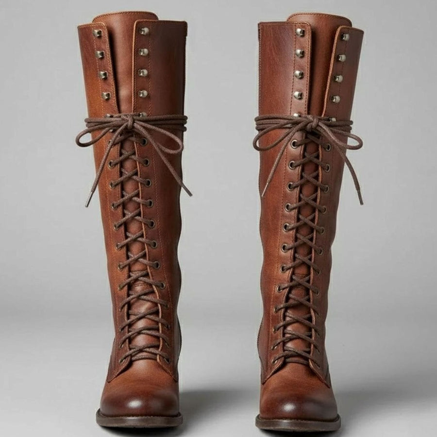 Jocelyn | Women's Lace-Up Block Heel Studded Knee-High Boots in Brown