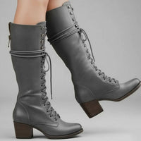 Jocelyn | Women's Lace-Up Block Heel Studded Knee-High Boots in Gray