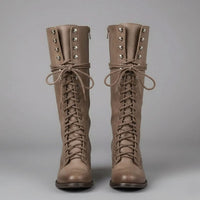 Jocelyn | Women's Lace-Up Block Heel Studded Knee-High Boots in Khaki