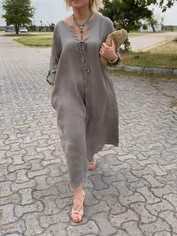 Johanna | Women's Scoop Neck Midi Long Sleeve Dress in Gray