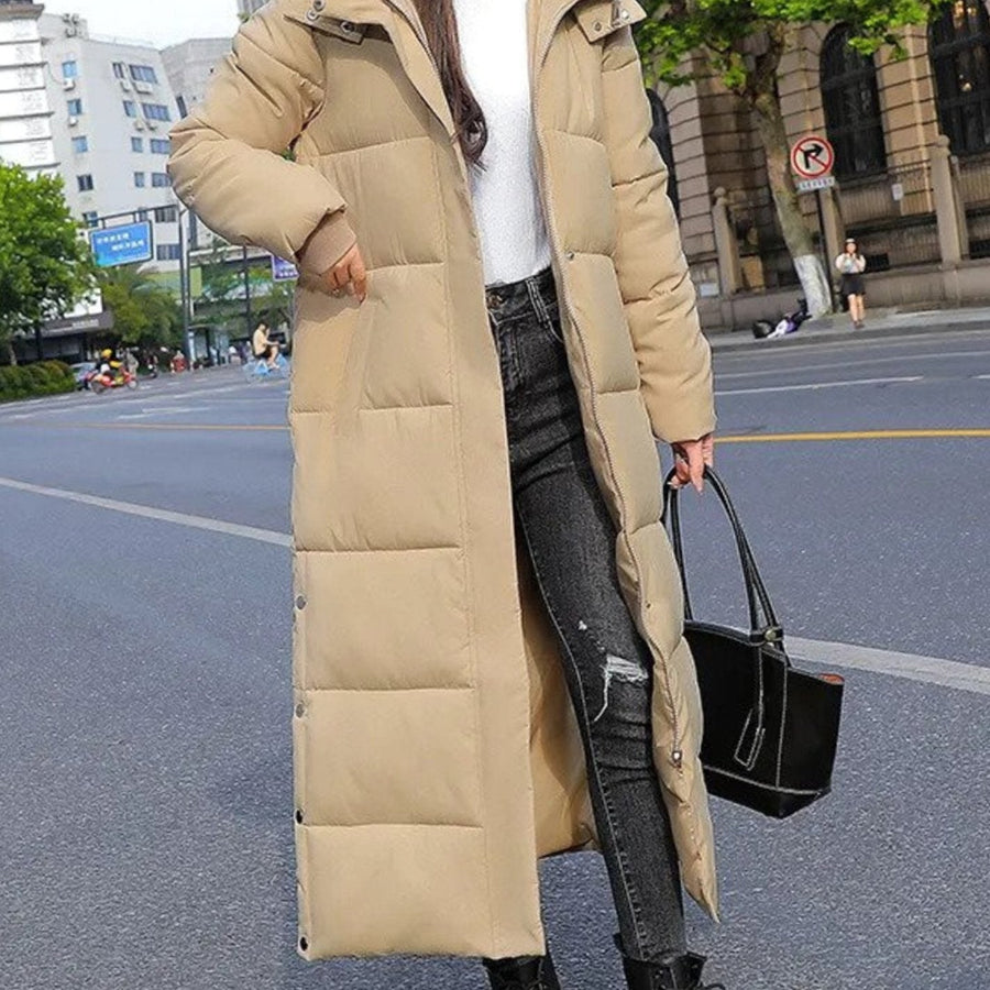 Jolene | Women's Long Quilted Puffer Winter Coat Full-Length Zip in Khaki