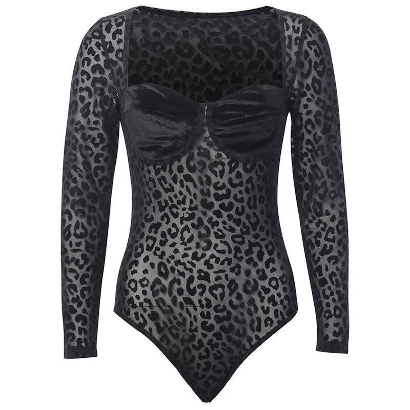 Jolie | Women's Leopard Print Sheer Elegant Bodysuit in Black
