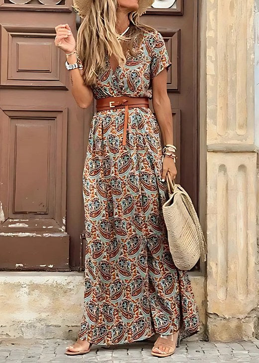Jolie | Women's Boho V-Neck Maxi with Belt Dress in Brown