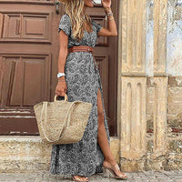 Jolie | Women's Boho V-Neck Maxi with Belt Dress in Gray