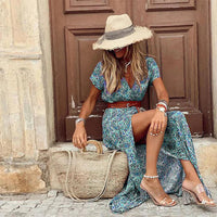 Jolie | Women's Boho V-Neck Maxi with Belt Dress in Green