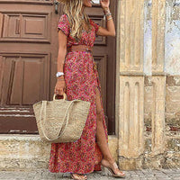 Jolie | Women's Boho V-Neck Maxi with Belt Dress in Pink