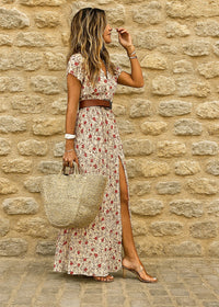 Jolie | Women's Boho V-Neck Maxi with Belt Dress in Red