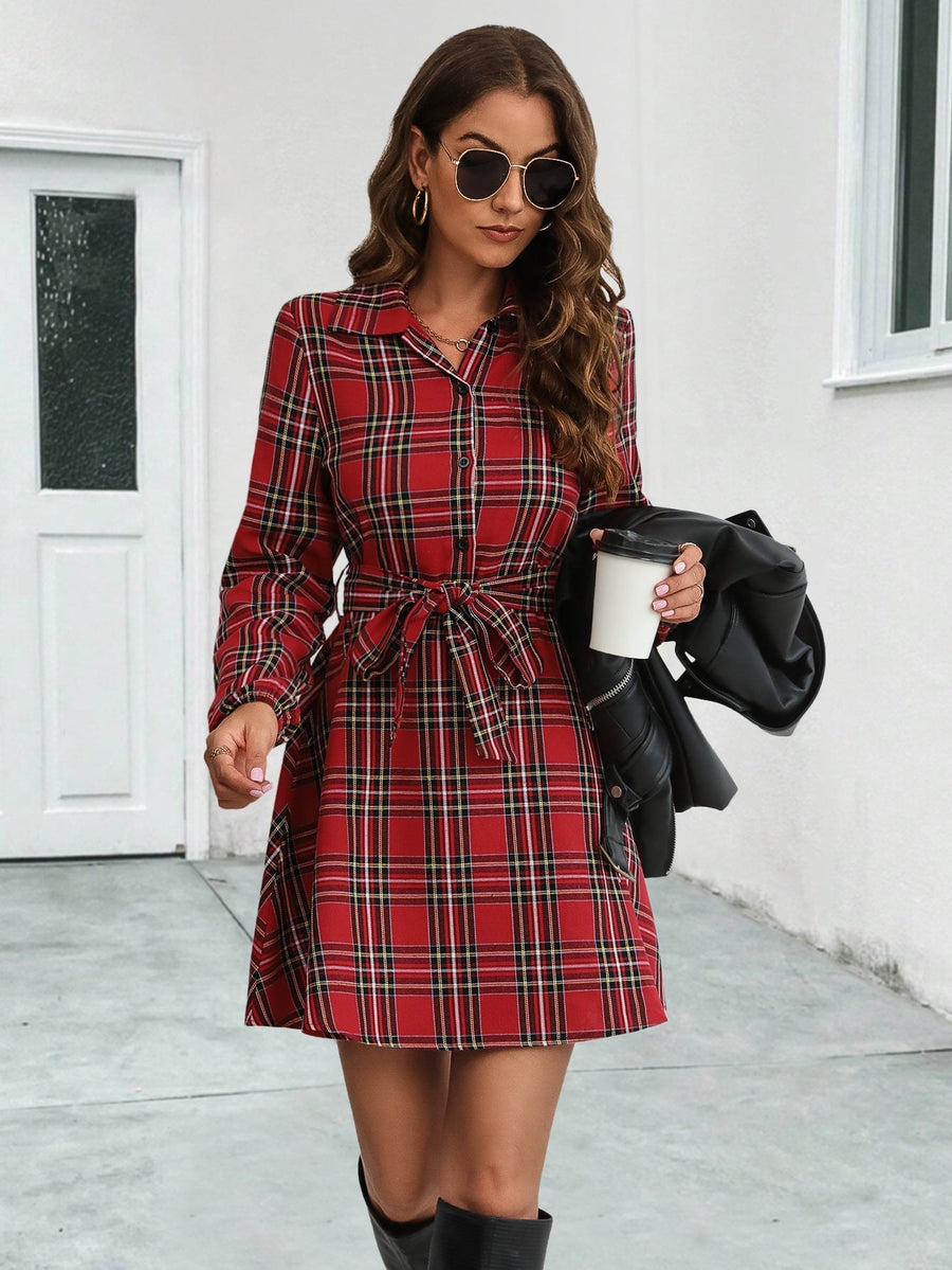Jolie | Women's Belted Shirt Dress in Red