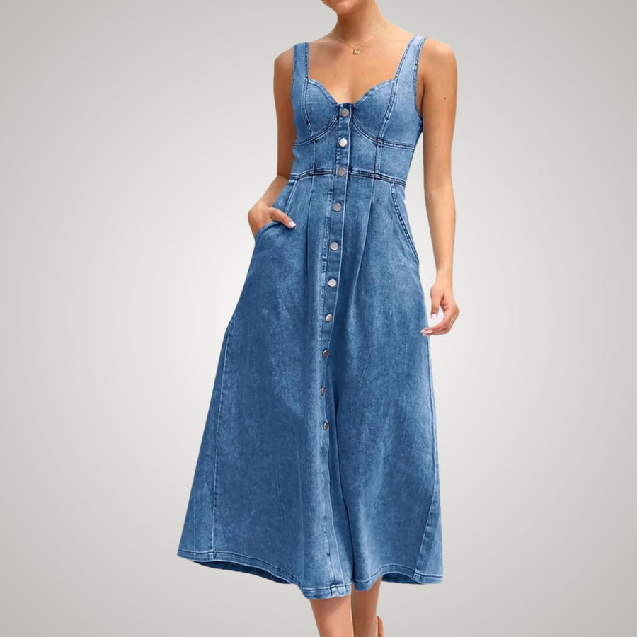 Josefa | Women's Classic Button-Front Denim Midi Dress