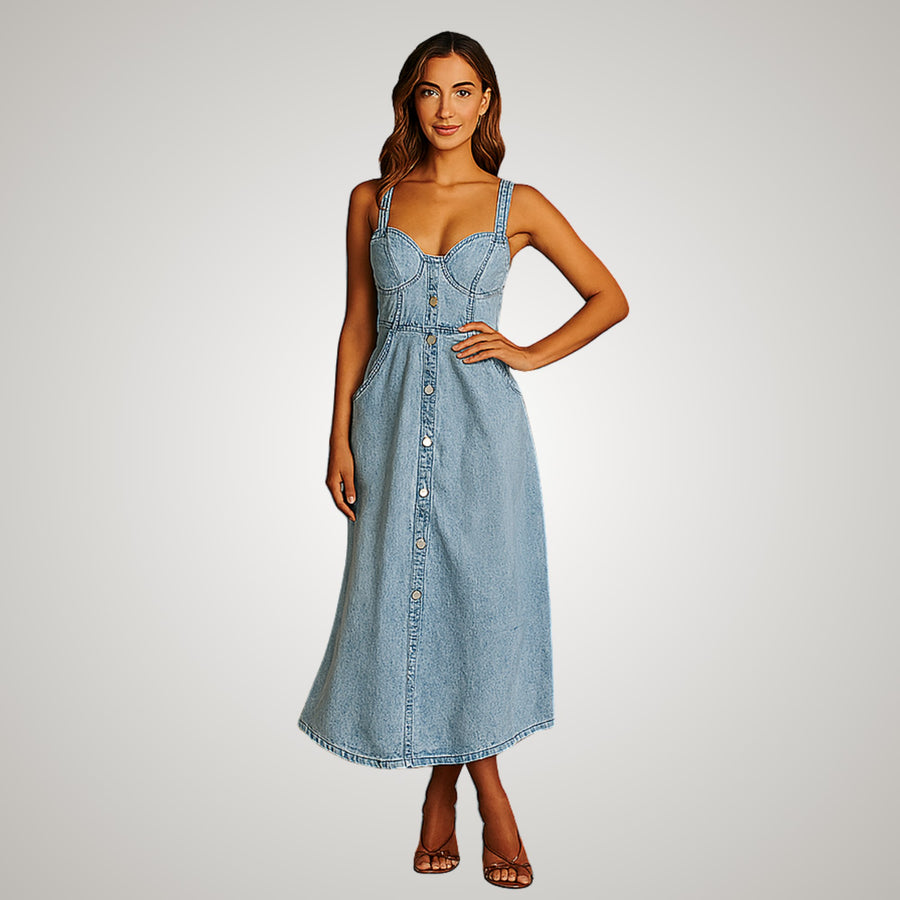 Josefa | Women's Classic Button-Front Denim Midi Dress
