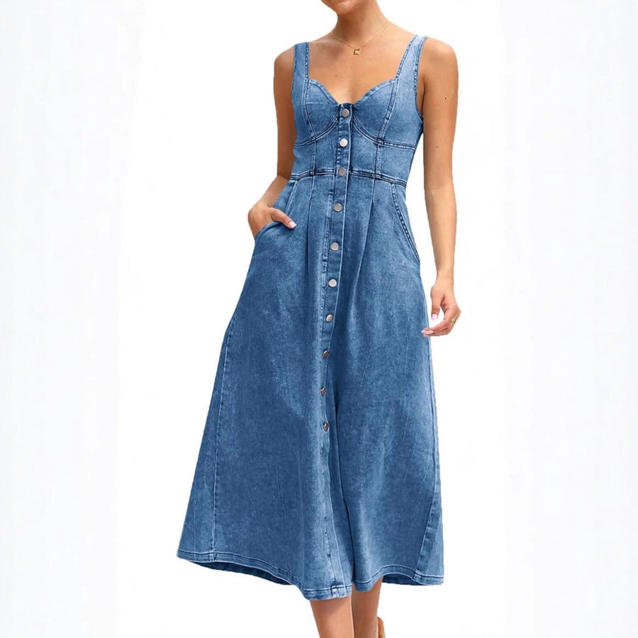 Josefa | Women's Classic Button-Front Denim Midi Dress in Dark Blue