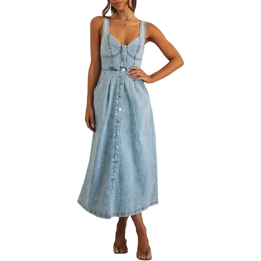 Josefa | Women's Classic Button-Front Denim Midi Dress in Light Blue