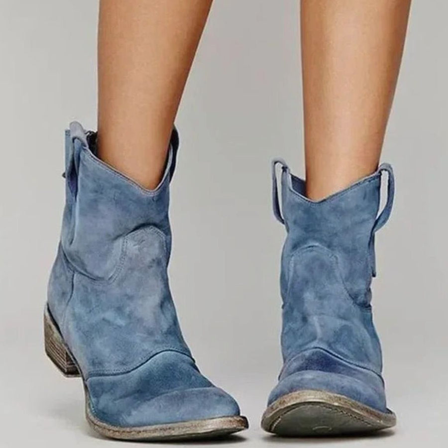 Josephine | Women's Vintage Western Suede Slip-On Ankle Boots in Blue