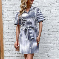 Josephine | Women's Waist Belt Striped Belted Shirt Dress in Gray