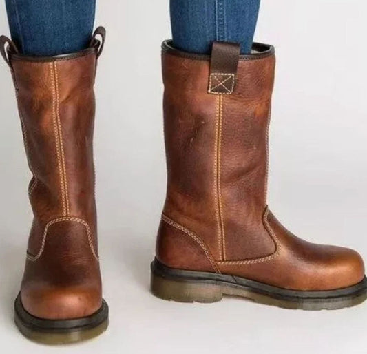 Joy | Women's Lined Round-Toe Pull-On Leather Boots in Brown