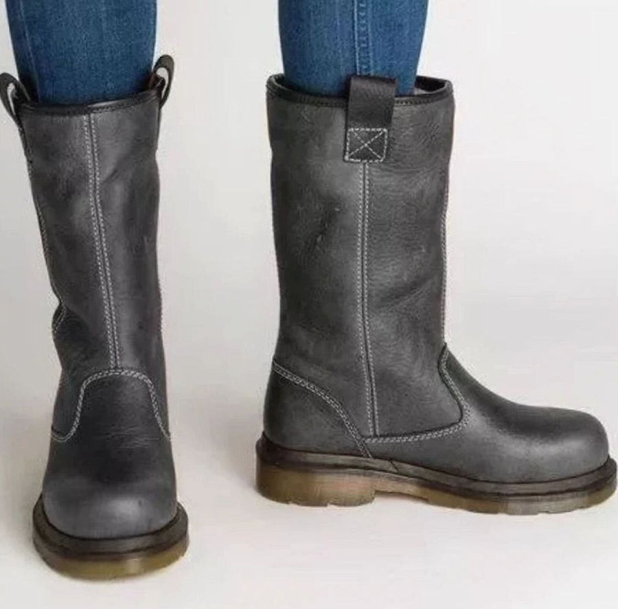 Joy | Women's Lined Round-Toe Pull-On Leather Boots in Gray