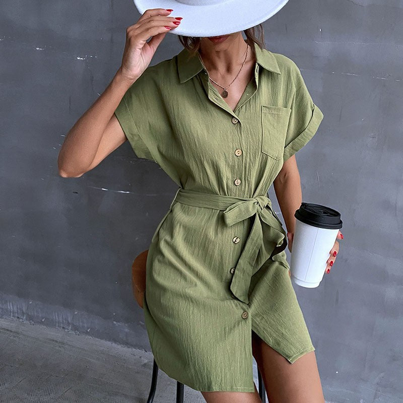 Joyce | Women's Waist Belt Short Sleeve Belted Shirt Dress in Olive Green
