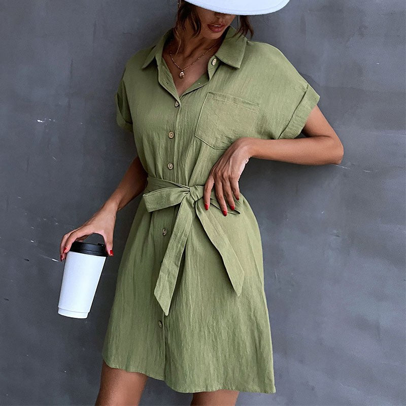 Joyce | Women's Waist Belt Short Sleeve Belted Shirt Dress in Olive Green