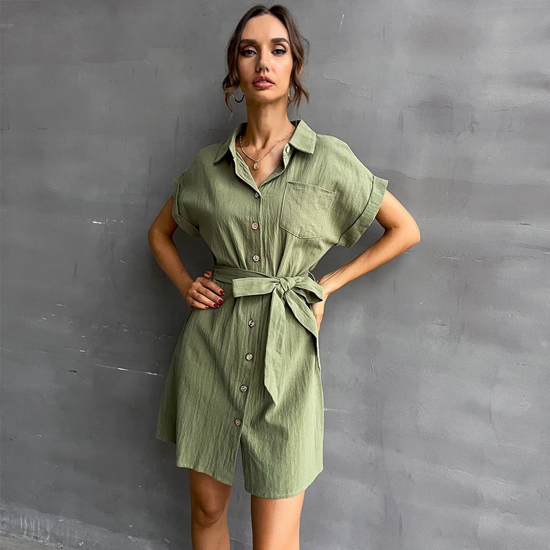 Joyce | Women's Waist Belt Short Sleeve Belted Shirt Dress in Olive Green