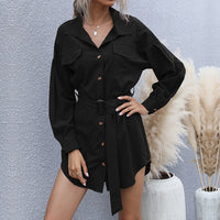 Juliana | Women's Waist Belt Pockets Belted Shirt Dress in Black