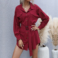 Juliana | Women's Waist Belt Pockets Belted Shirt Dress in Wine Red