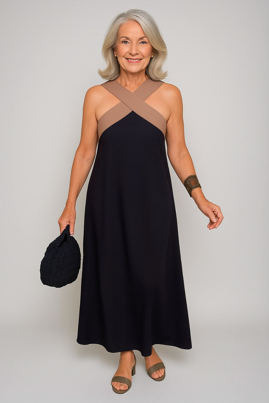 Julienne | Women's Cross Strap Maxi Sleeveless Dress in Black