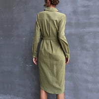 Julienne | Women's Waist Belt Button Detail Belted Shirt Dress in Green