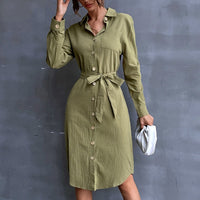 Julienne | Women's Waist Belt Button Detail Belted Shirt Dress in Green