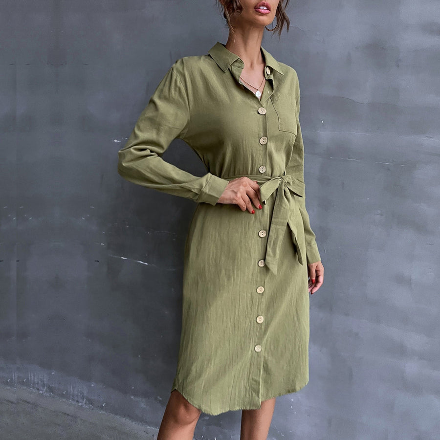 Julienne | Women's Waist Belt Button Detail Belted Shirt Dress in Green