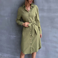 Julienne | Women's Waist Belt Button Detail Belted Shirt Dress in Green