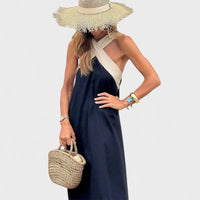 Julienne | Women's Cross Strap Maxi Sleeveless Dress in Navy Blue