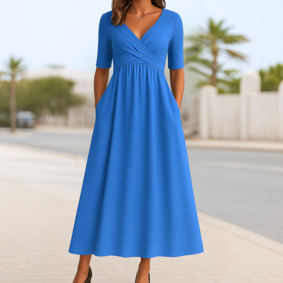 Juliette | Women's Crossed V-Neck Short Sleeve Dress in Blue