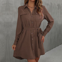 Juliette | Women's Waist Belt Pockets Belted Shirt Dress in Chestnut Brown
