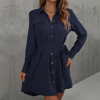 Juliette | Women's Waist Belt Pockets Belted Shirt Dress in Dark Blue