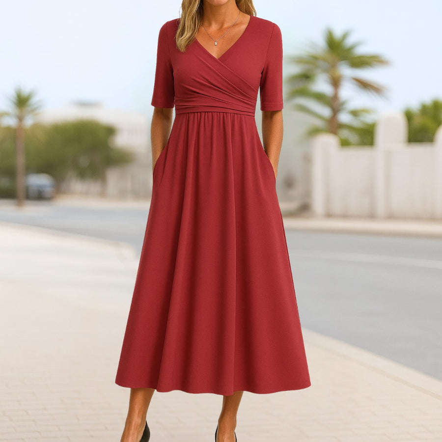 Juliette | Women's Crossed V-Neck Short Sleeve Dress in Dark Red