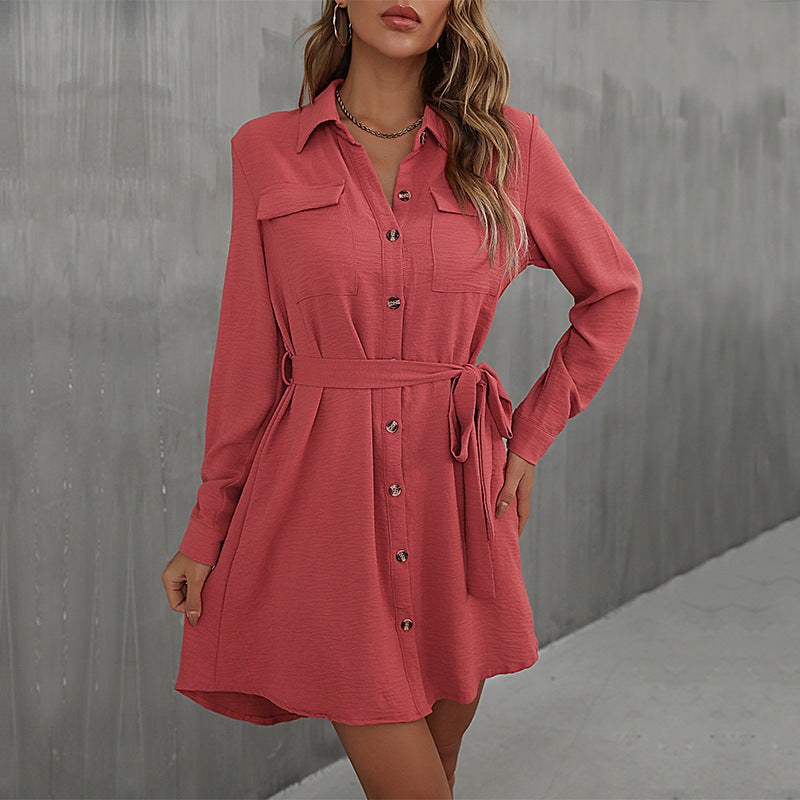 Juliette | Women's Waist Belt Pockets Belted Shirt Dress in Mahogany