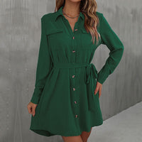Juliette | Women's Waist Belt Pockets Belted Shirt Dress in Pine Green