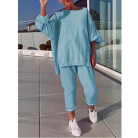 Juliska | Women's Oversized Top Tapered Pants Loungewear in Light Blue