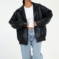 Juniper | Women's Oversized Relaxed-Fit Zip-Up Faux Leather Trendy Jacket in Black