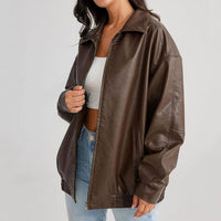 Juniper | Women's Oversized Relaxed-Fit Zip-Up Faux Leather Trendy Jacket in Brown