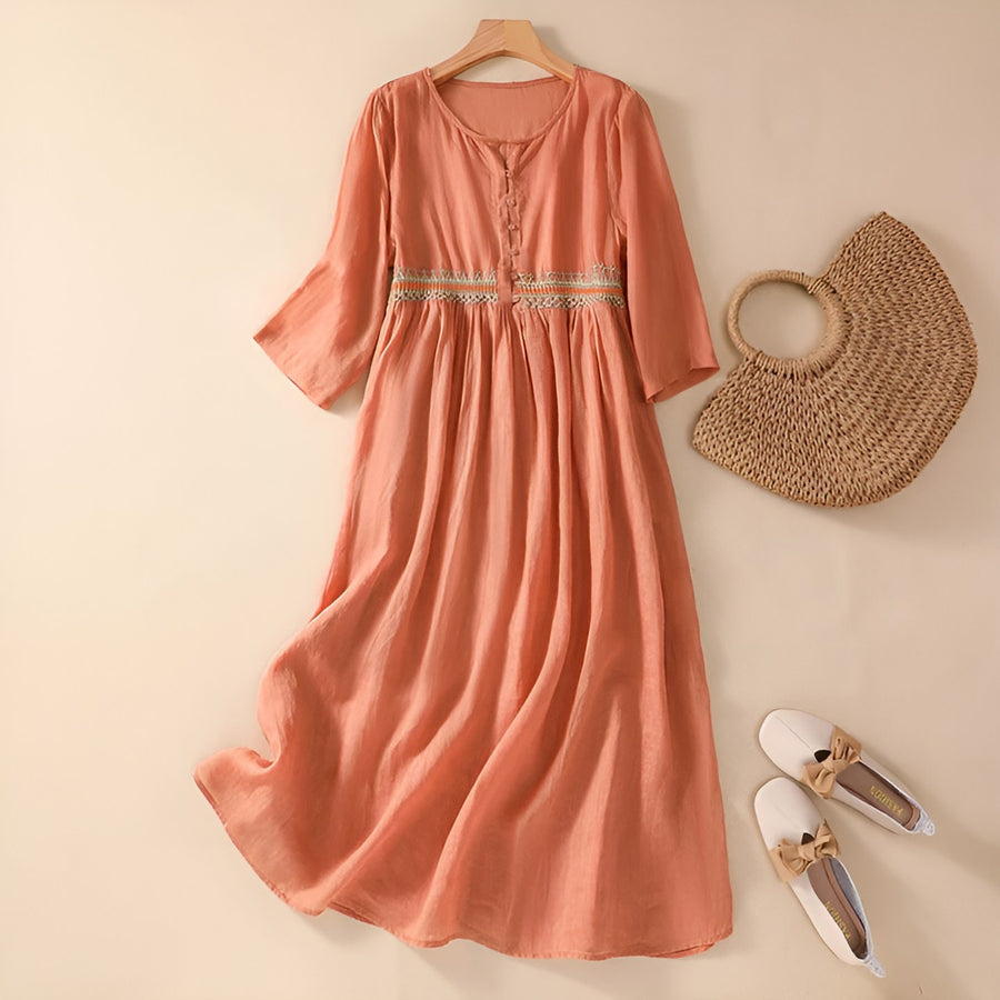 Juno | Women's Embroidered Maxi V-Neck Dress in Orange