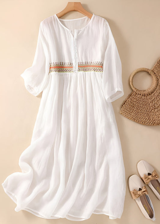 Juno | Women's Embroidered Maxi V-Neck Dress in White