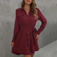 Juno | Women's Button-Front Belted Elegant Shirt Dress in Wine Red