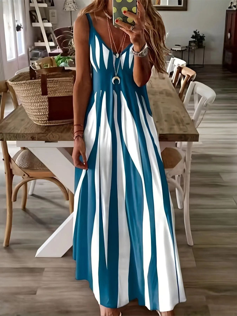 Justina | Women's V-Neck Striped Maxi Dress in Blue
