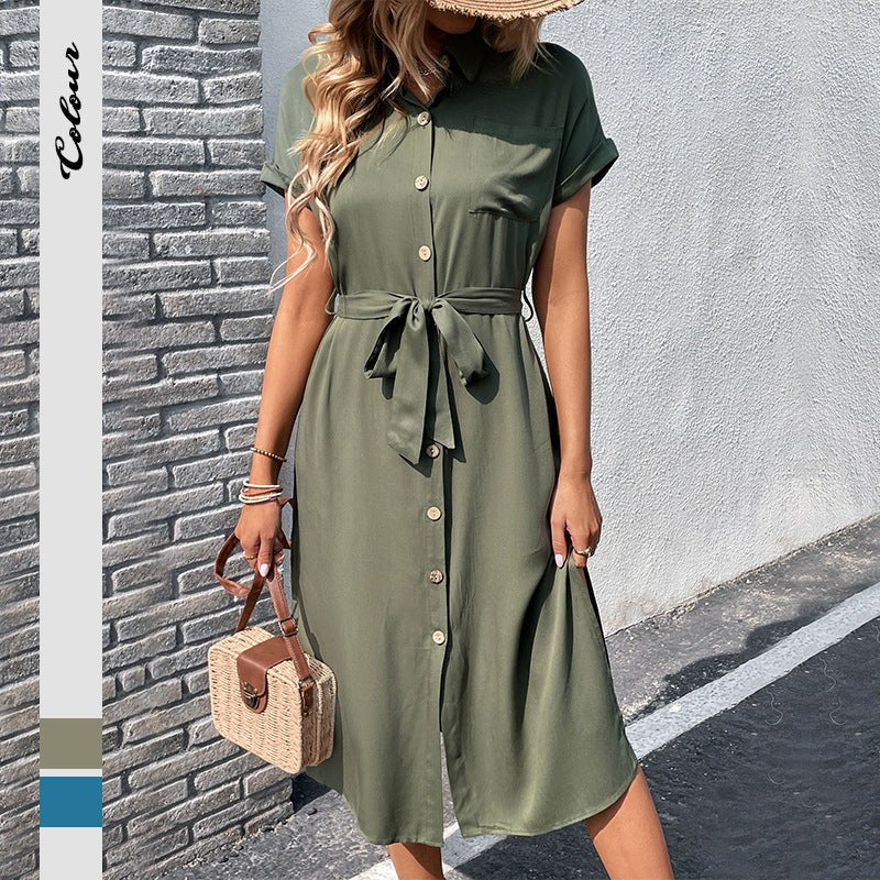 Justine | Women's Tie Belt Tailored Belted Shirt Dress