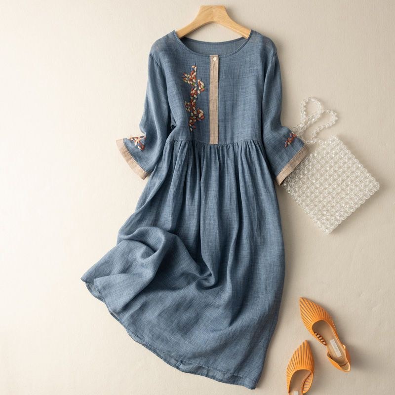 Justine | Women's Embroidered Midi Dress in Blue