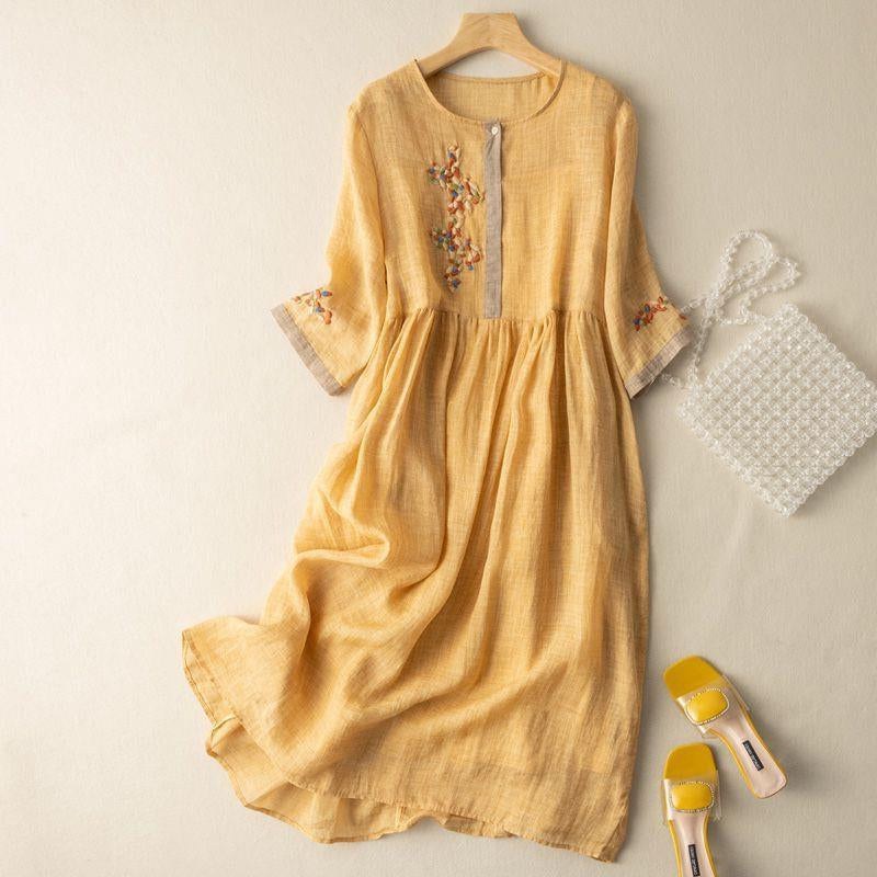 Justine | Women's Embroidered Midi Dress in Yellow