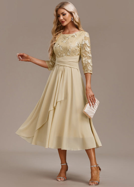 Kaia | Women's Embroidered Round Neck Midi Dress in Light Yellow