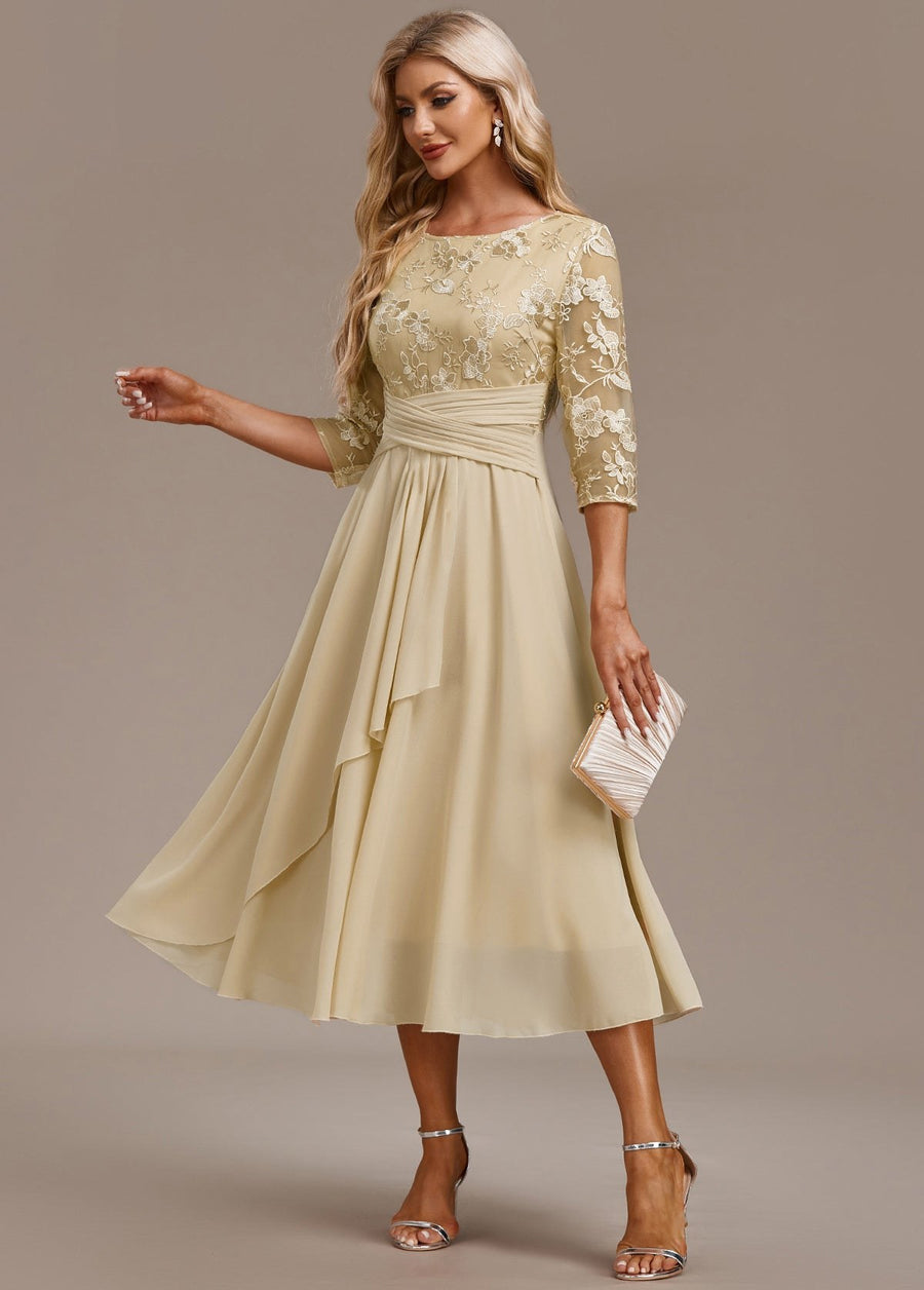 Kaia | Women's Embroidered Round Neck Midi Dress in Light Yellow