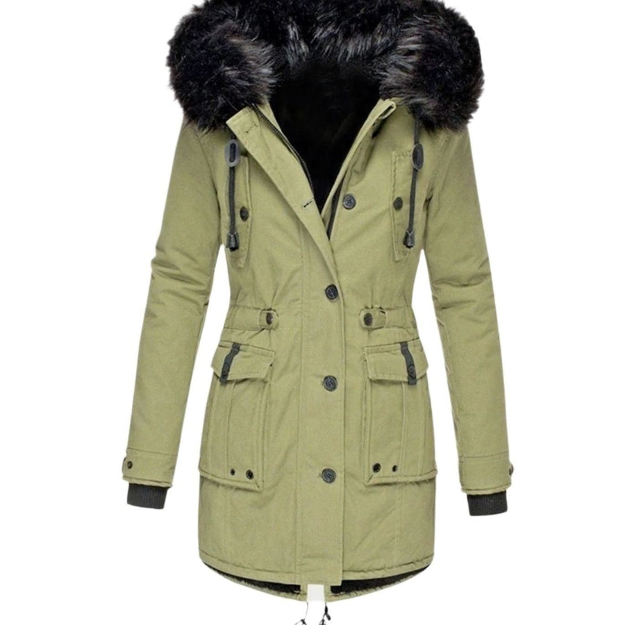 Karen | Women's Thick Faux Fur Hooded Drawstring Waist Parka Coat in Green